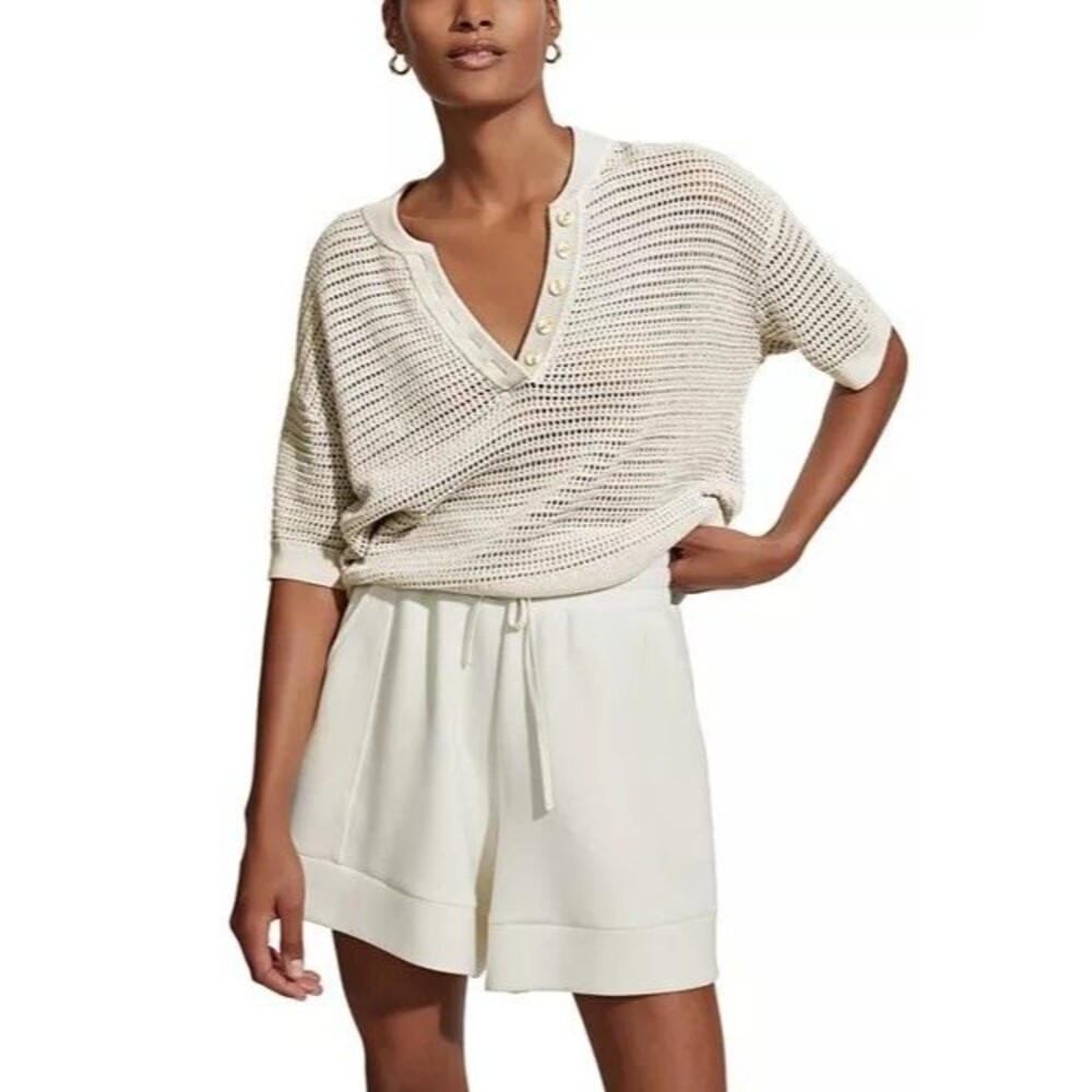 Varley Callie Knit Top Egret Cream Cotton Open Knit Henley Short Sleeve Sz XS